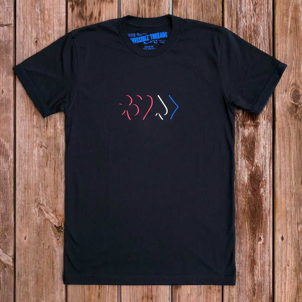 Black American Edges Vault t-shirt featuring minimalist red white and blue playing card pip edges