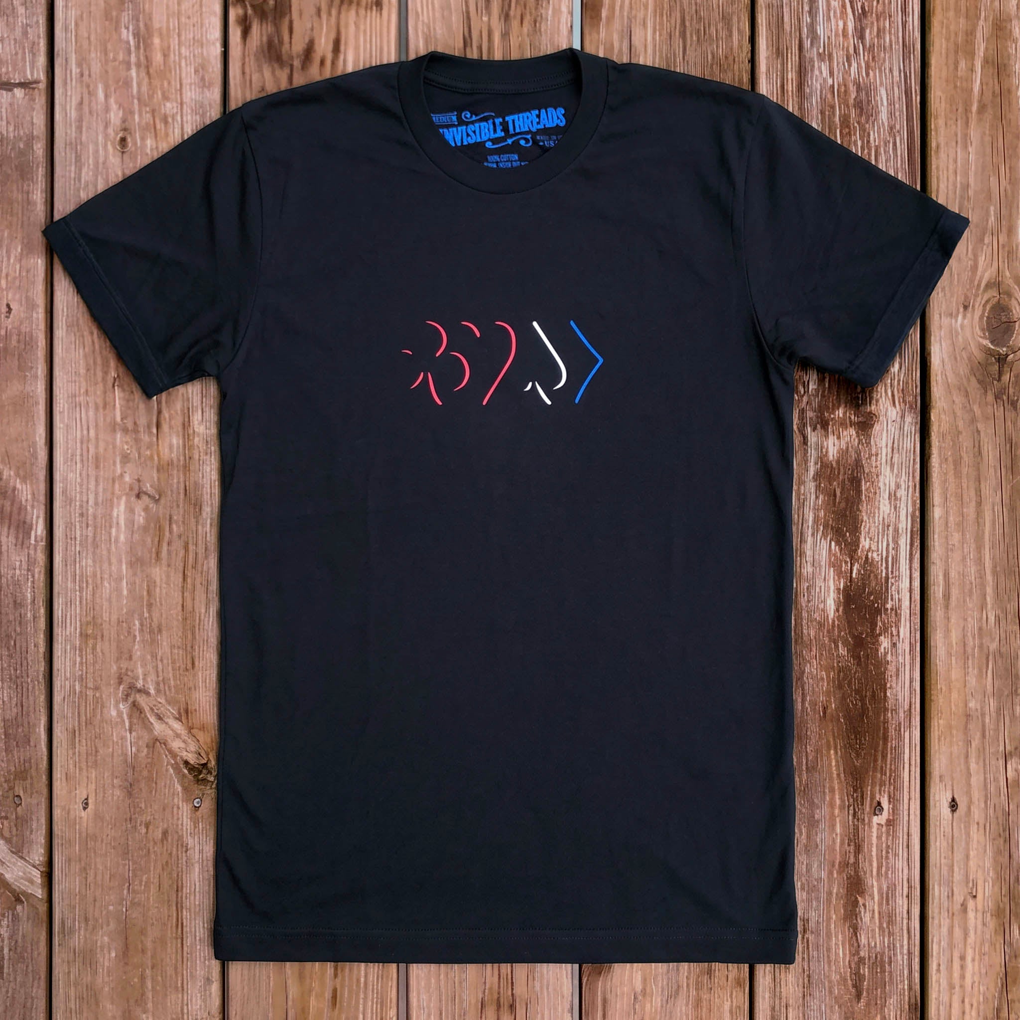 Black American Edges Vault t-shirt featuring minimalist red white and blue playing card pip edges