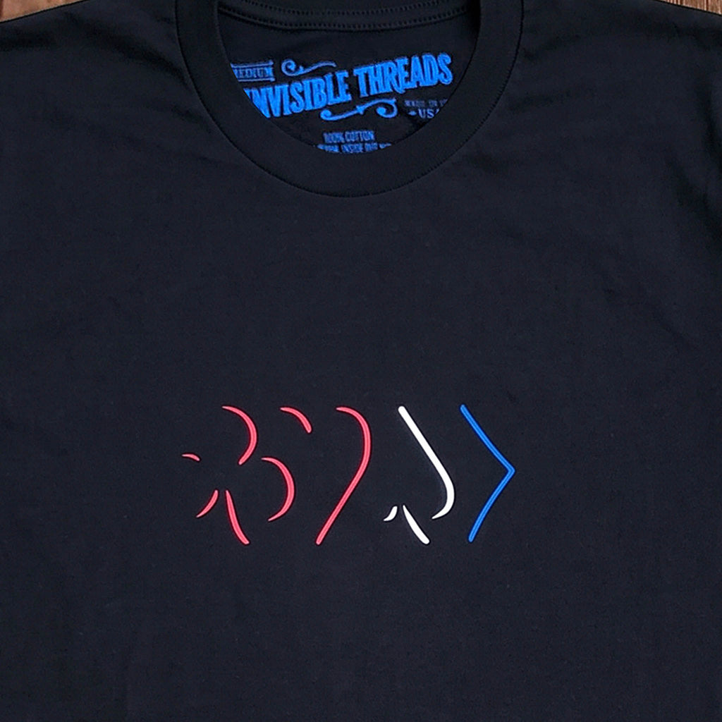 Black American Edges Vault t-shirt featuring minimalist red white and blue playing card pip edges