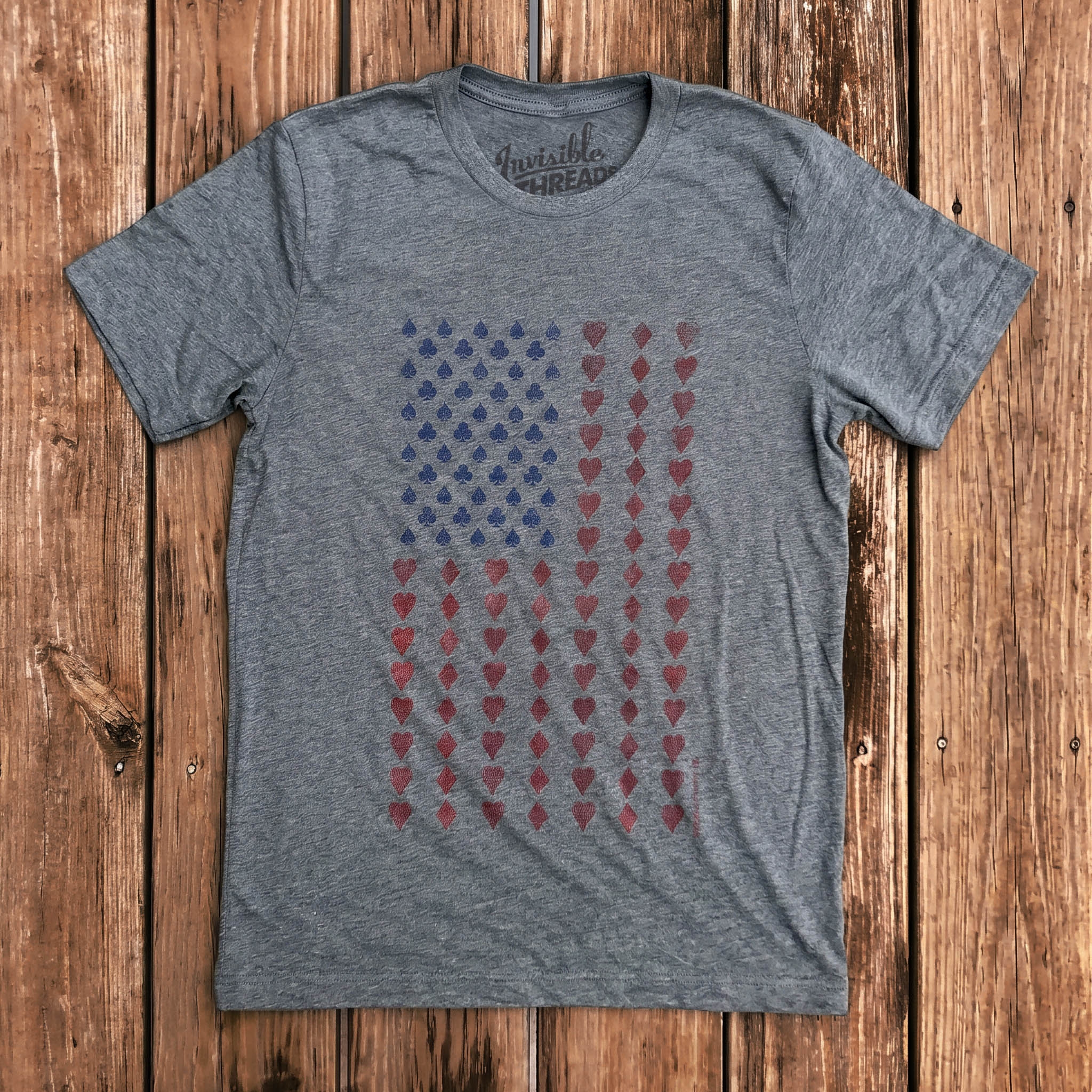 Heather gray American Suits Flag t-shirt featuring an American flag made from red and blue playing card pips