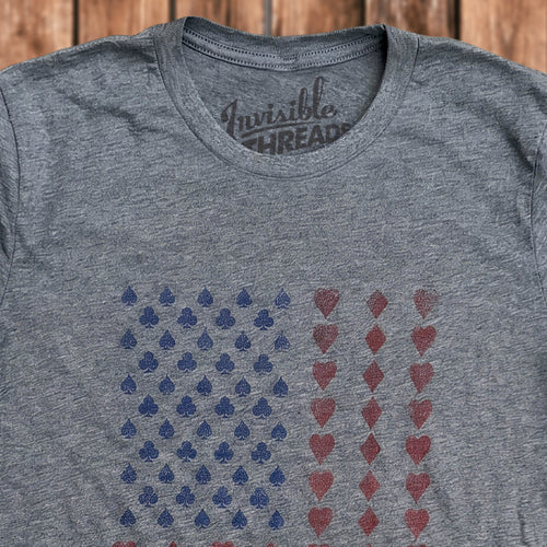 Heather gray American Suits Flag t-shirt featuring an American flag made from red and blue playing card pips