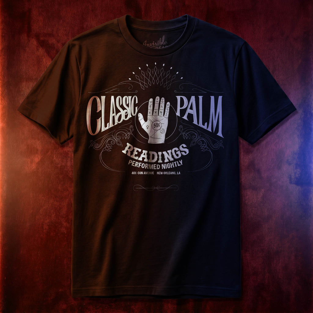 Classic Palm Vault t-shirt featuring Houdini-inspired fortune telling artwork with palmistry hand and vintage signage design