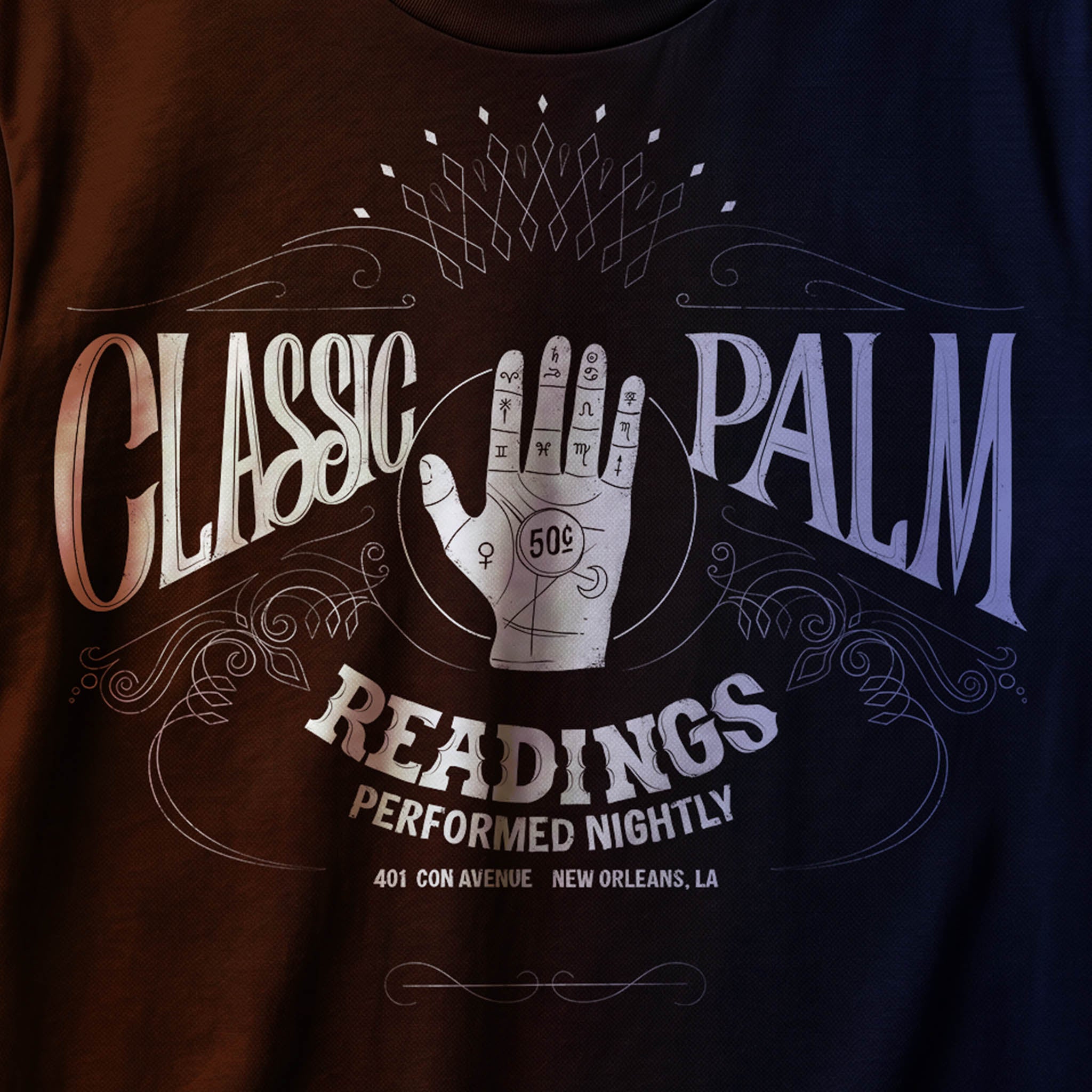 Classic Palm Vault t-shirt featuring Houdini-inspired fortune telling artwork with palmistry hand and vintage signage design