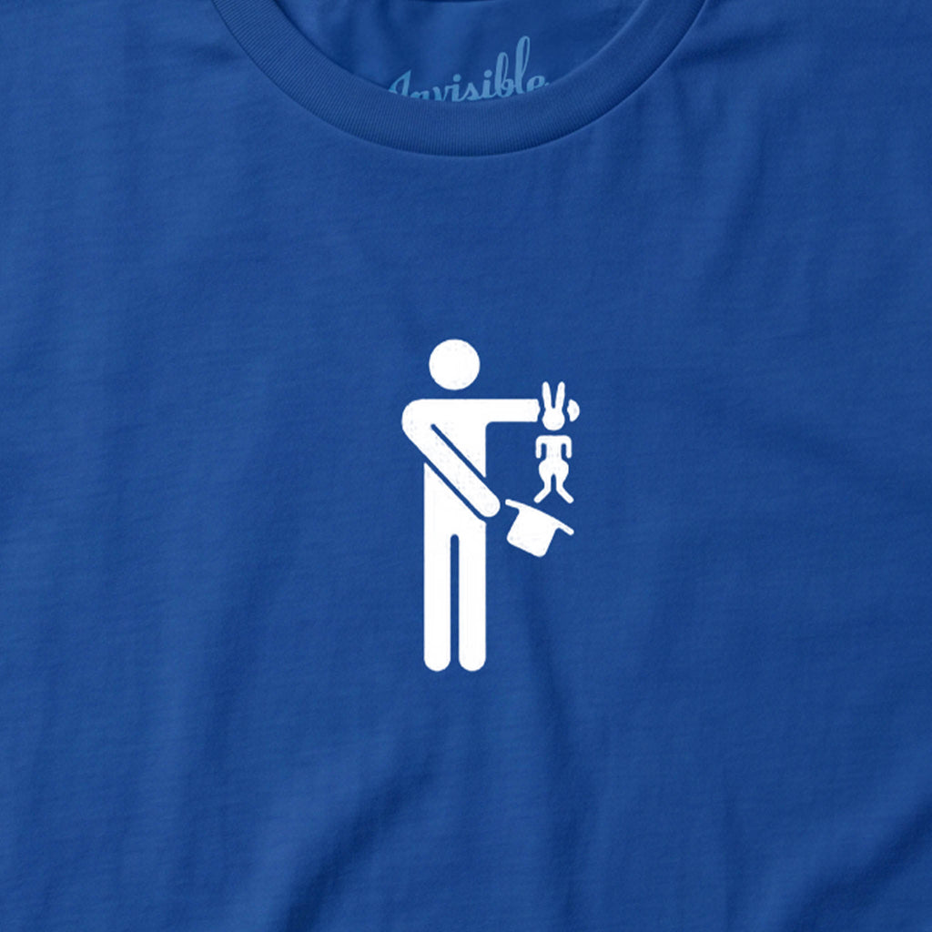 Royal blue Hat Trick Tee Vault shirt featuring a screen printed minimalist magician icon holding a top hat and rabbit