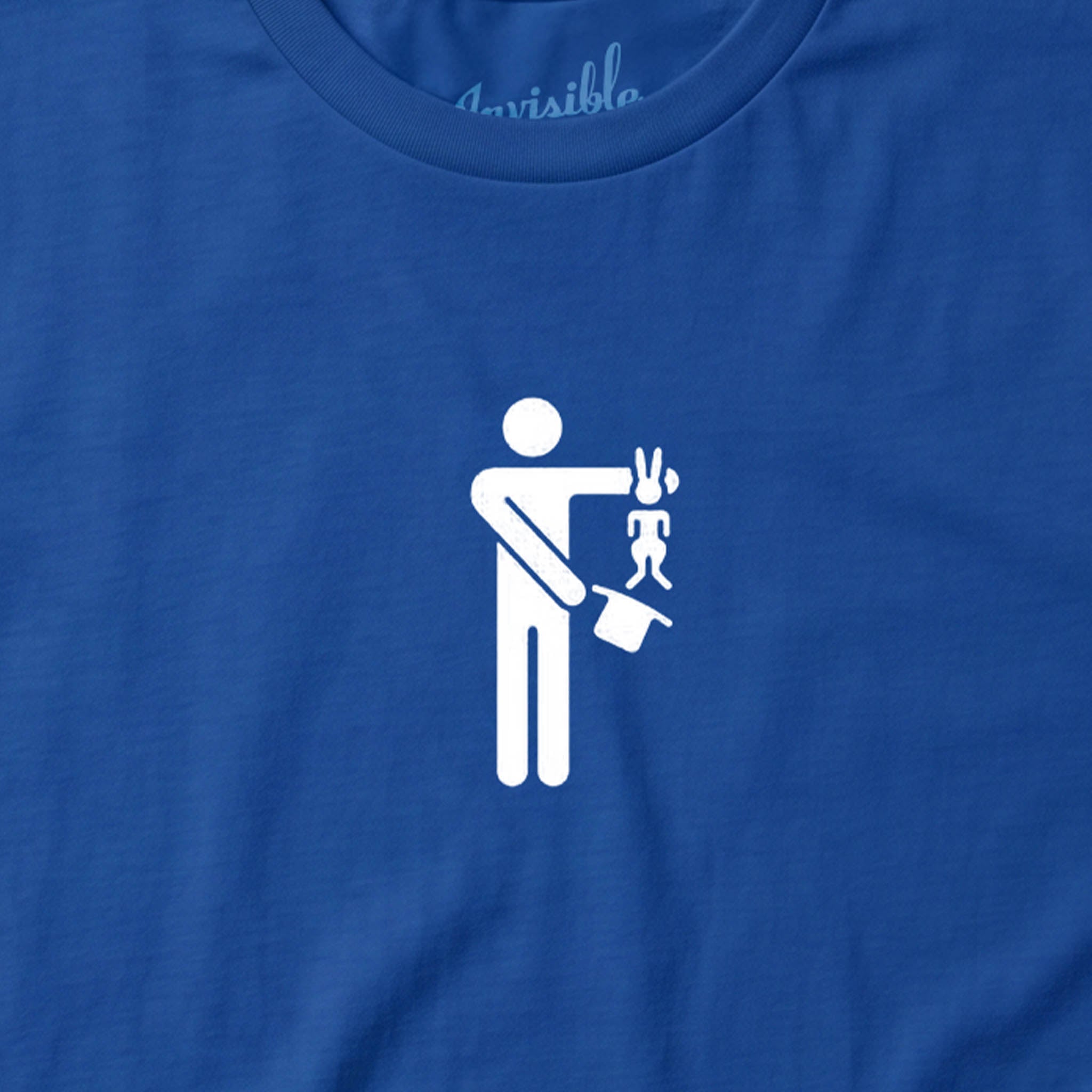 Royal blue Hat Trick Tee Vault shirt featuring a screen printed minimalist magician icon holding a top hat and rabbit