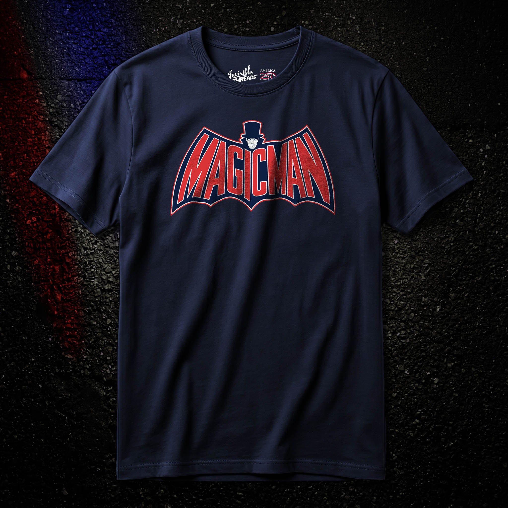 Navy Magic Man Patriotic t-shirt featuring a red white and blue superhero-inspired magician logo