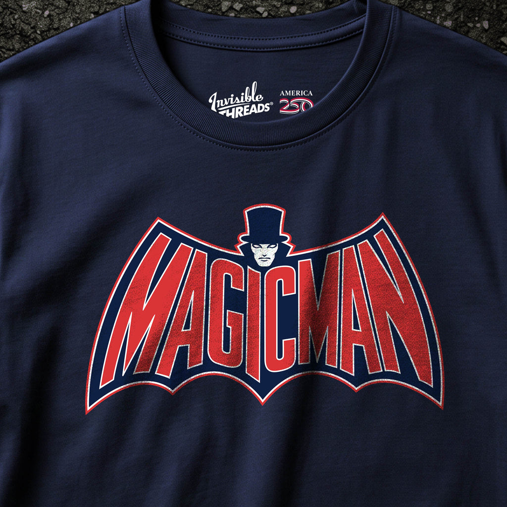 Navy Magic Man Patriotic t-shirt featuring a red white and blue superhero-inspired magician logo