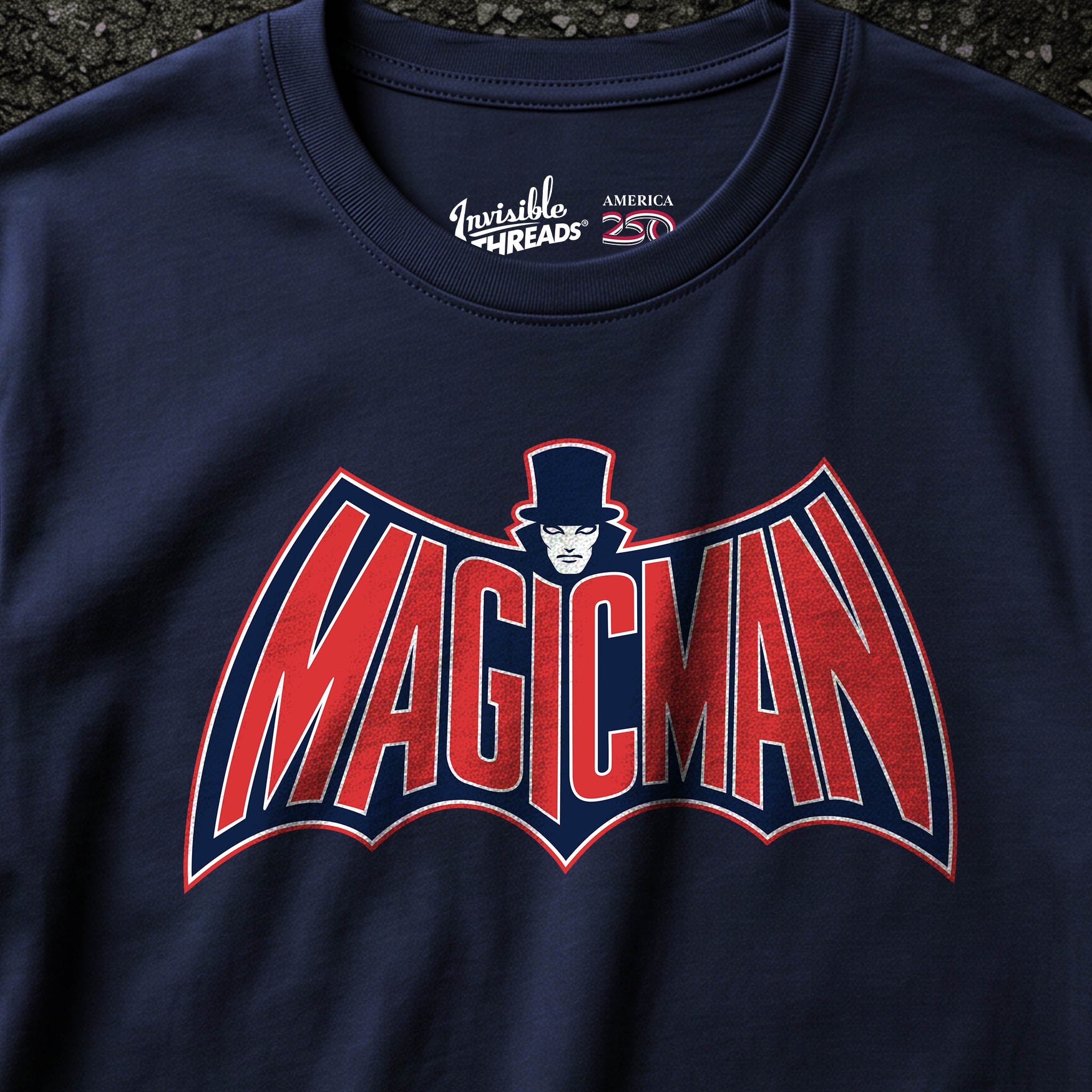 Navy Magic Man Patriotic t-shirt featuring a red white and blue superhero-inspired magician logo