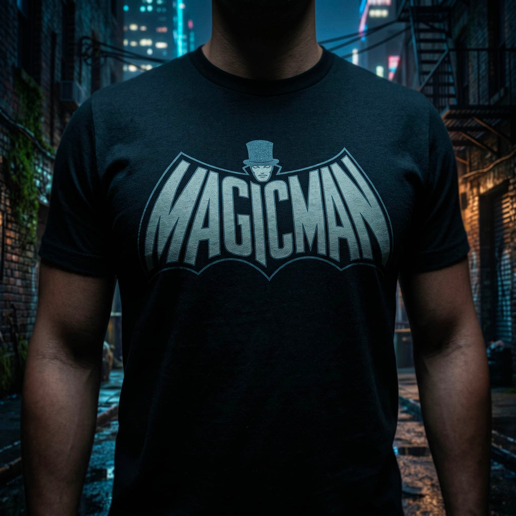Black MagicMan Stealth Edition Vault t-shirt featuring a subtle superhero-inspired magician logo in muted cream and gray