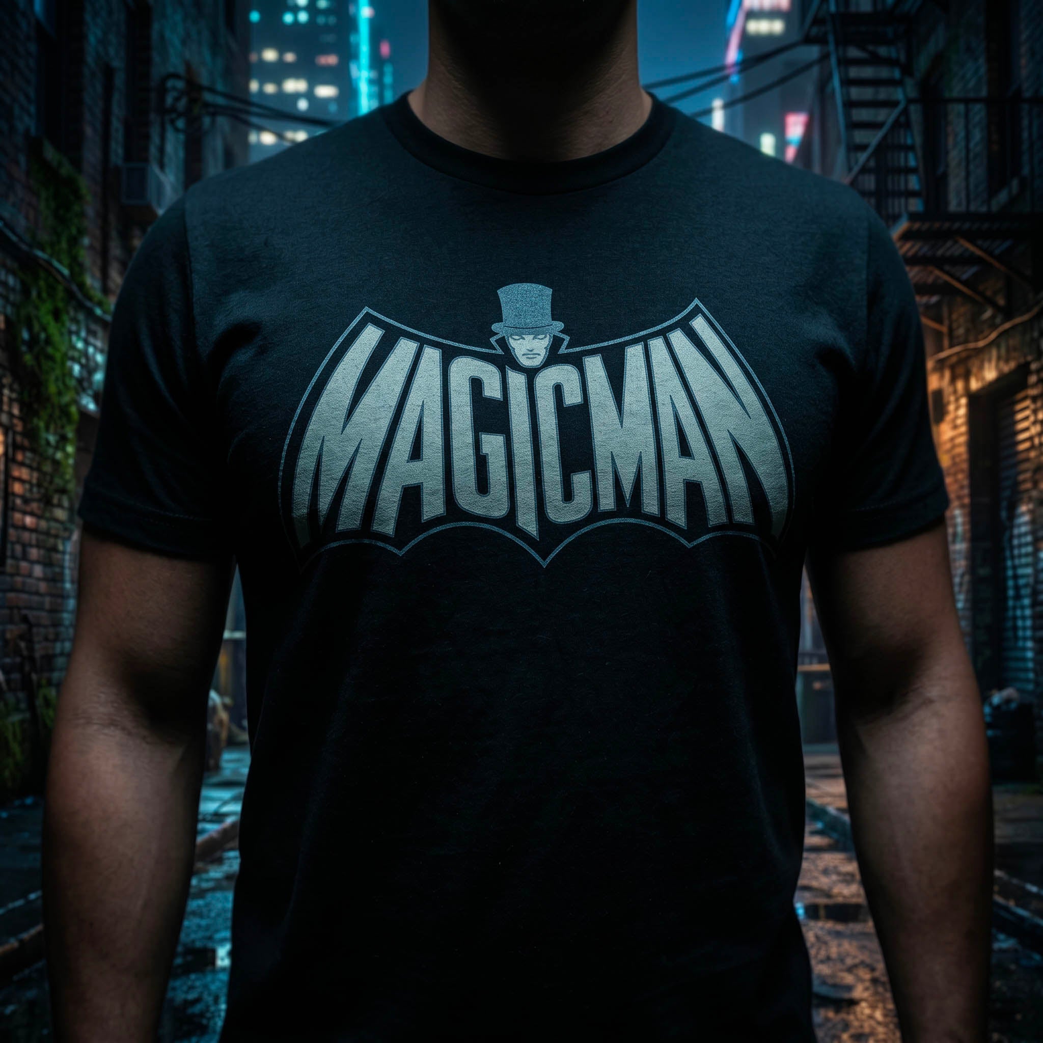Black MagicMan Stealth Edition Vault t-shirt featuring a subtle superhero-inspired magician logo in muted cream and gray