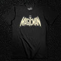 Black MagicMan Stealth Edition Vault t-shirt featuring a subtle superhero-inspired magician logo in muted cream and gray
