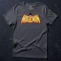 Asphalt gray Magicman t-shirt featuring bold yellow and red superhero-inspired lettering with a top-hatted magician