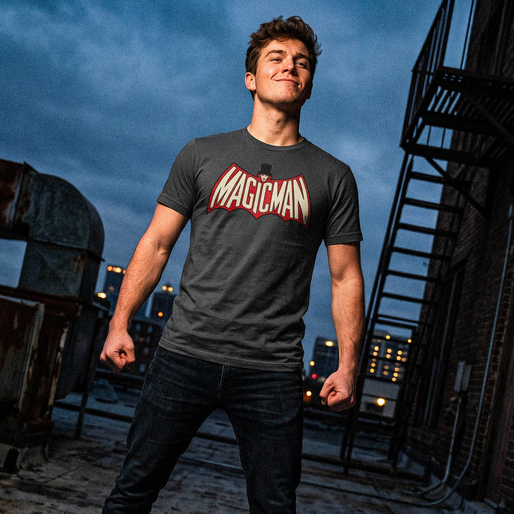 Denmark Elephant Grey Magicman Vault t-shirt featuring a superhero-inspired magician logo with bold red and cream lettering