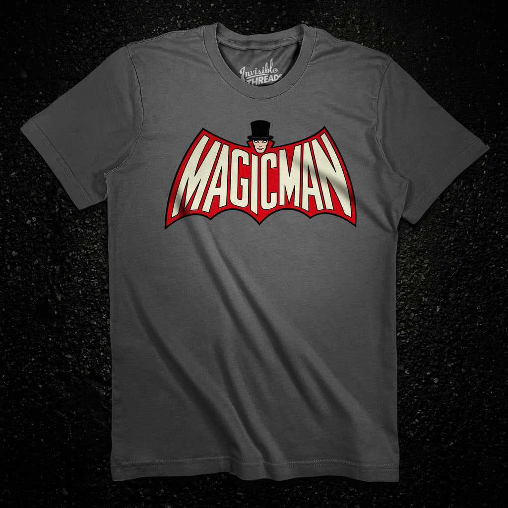 Denmark Elephant Grey Magicman Vault t-shirt featuring a superhero-inspired magician logo with bold red and cream lettering