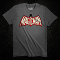 Denmark Elephant Grey Magicman Vault t-shirt featuring a superhero-inspired magician logo with bold red and cream lettering