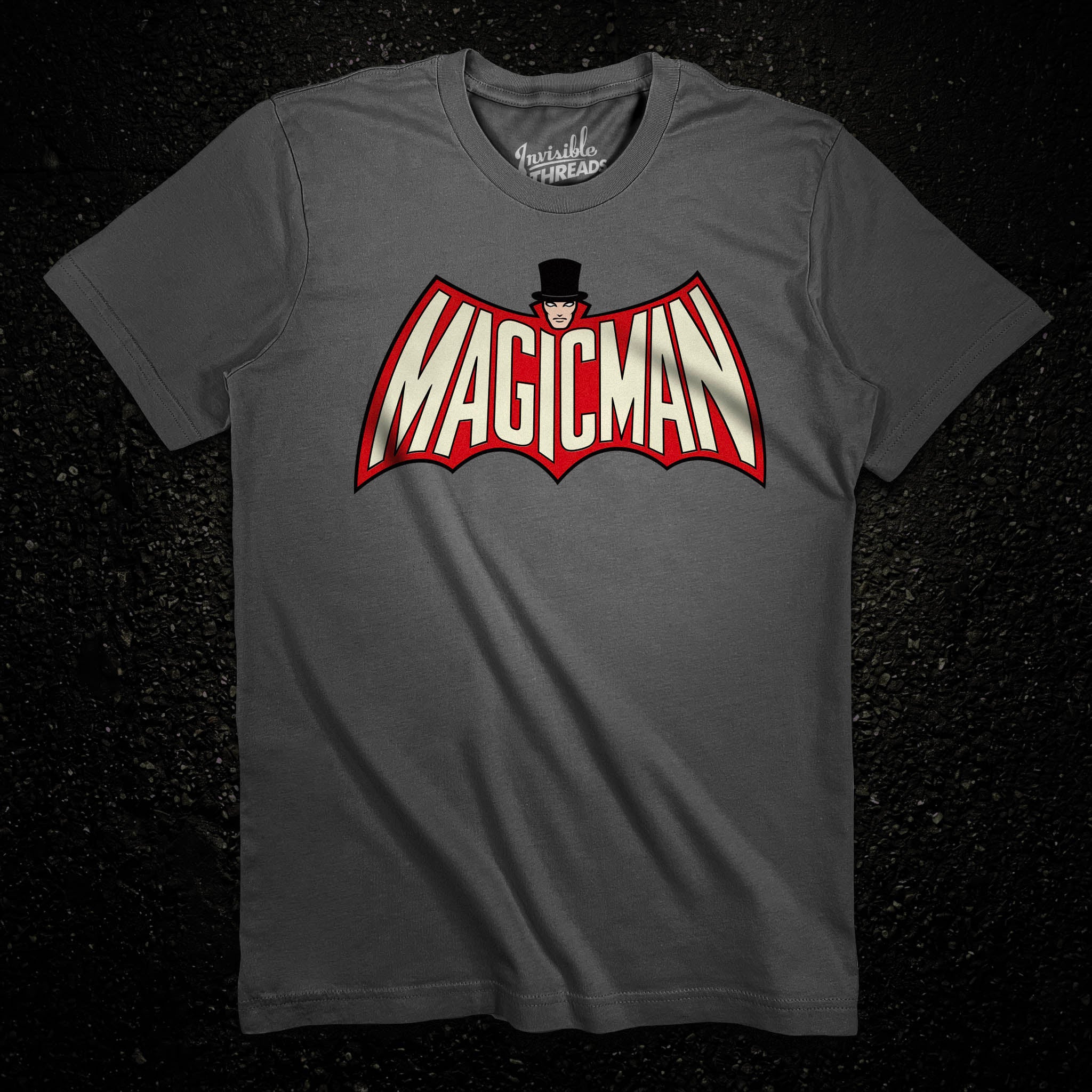 Denmark Elephant Grey Magicman Vault t-shirt featuring a superhero-inspired magician logo with bold red and cream lettering