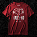 My Other Bicycle Is a Tally-Ho t-shirt featuring white vintage lettering and playing card suit symbols