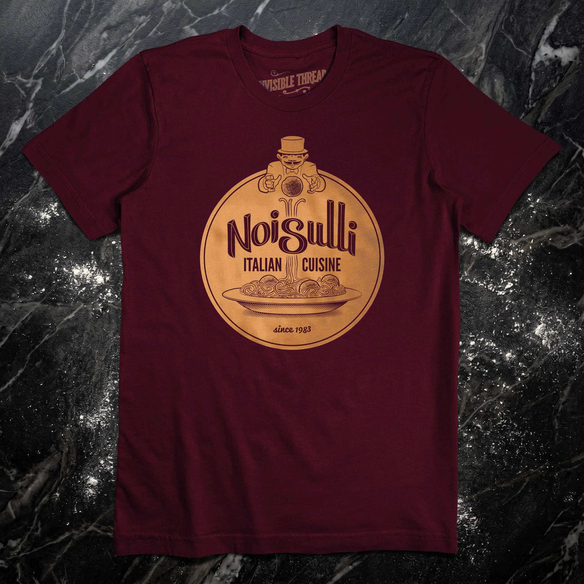 Burgundy Noisulli Italian Cuisine t-shirt featuring vintage pasta restaurant artwork with a magician and hidden illusion backwards pun