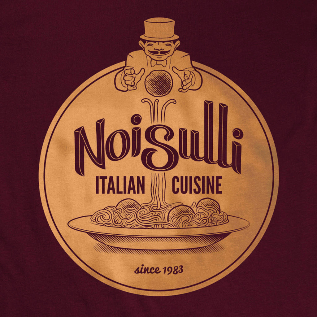 Burgundy Noisulli Italian Cuisine t-shirt featuring vintage pasta restaurant artwork with a magician and hidden illusion backwards pun