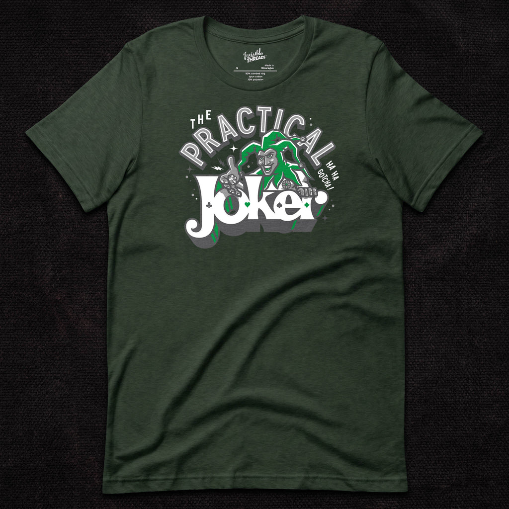 The Practical Joker t-shirt featuring a joker-inspired comedy magic design with playing cards and the phrase Ha Ha Gotcha