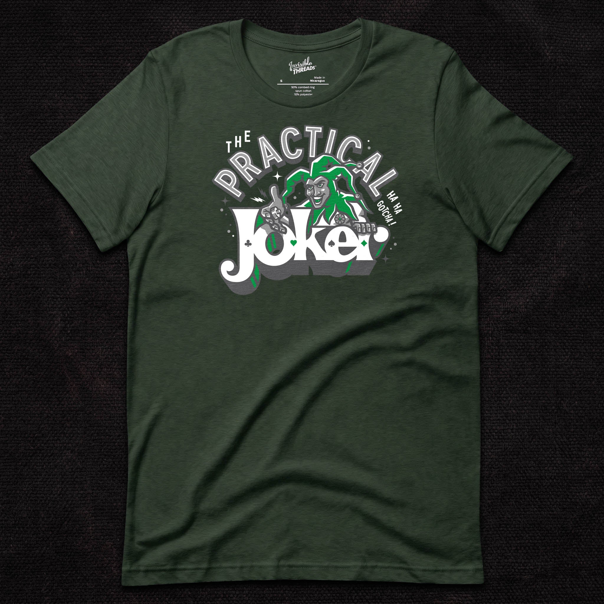 The Practical Joker t-shirt featuring a joker-inspired comedy magic design with playing cards and the phrase Ha Ha Gotcha