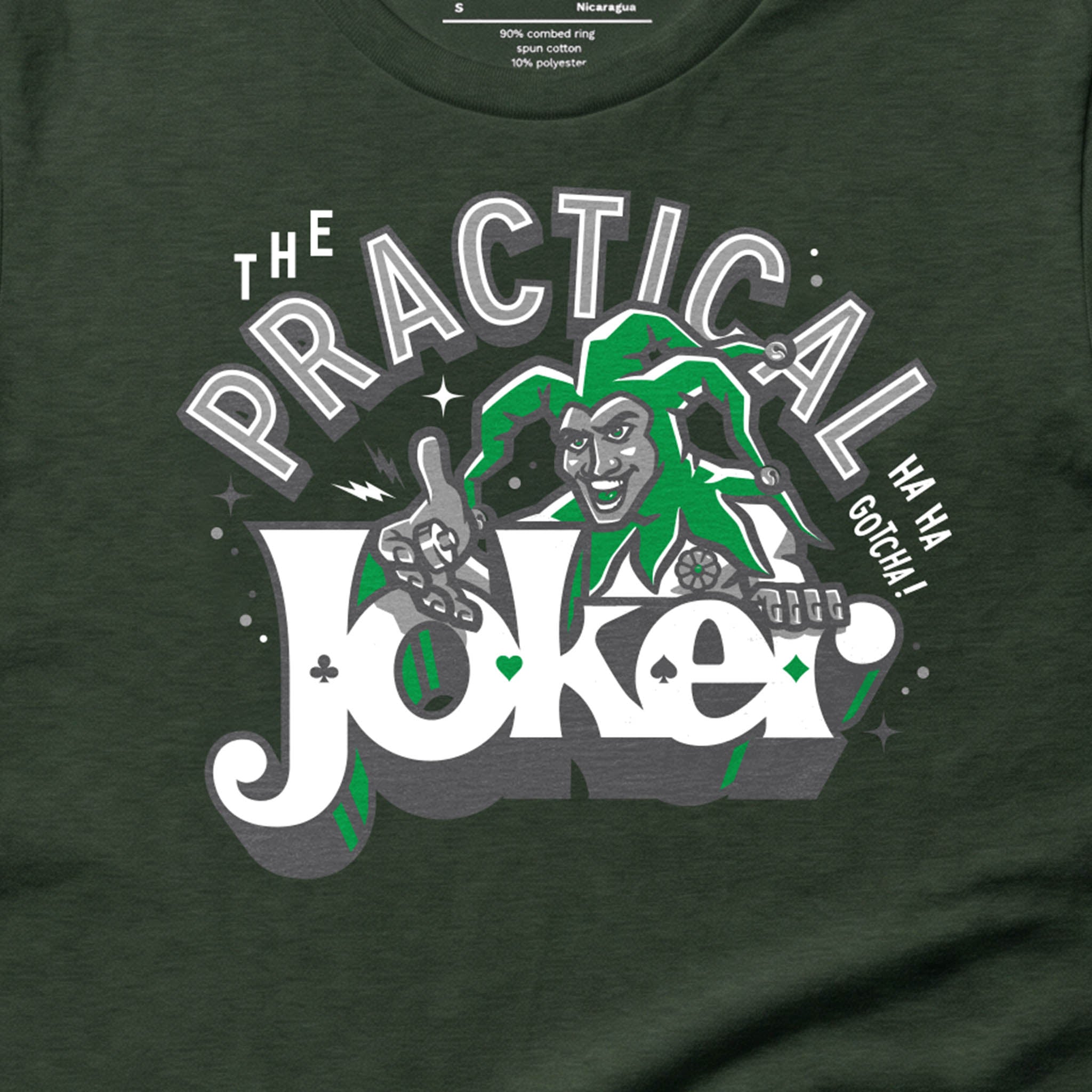 The Practical Joker t-shirt featuring a joker-inspired comedy magic design with playing cards and the phrase Ha Ha Gotcha