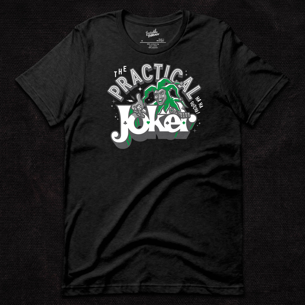 The Practical Joker t-shirt featuring a joker-inspired comedy magic design with playing cards and the phrase Ha Ha Gotcha