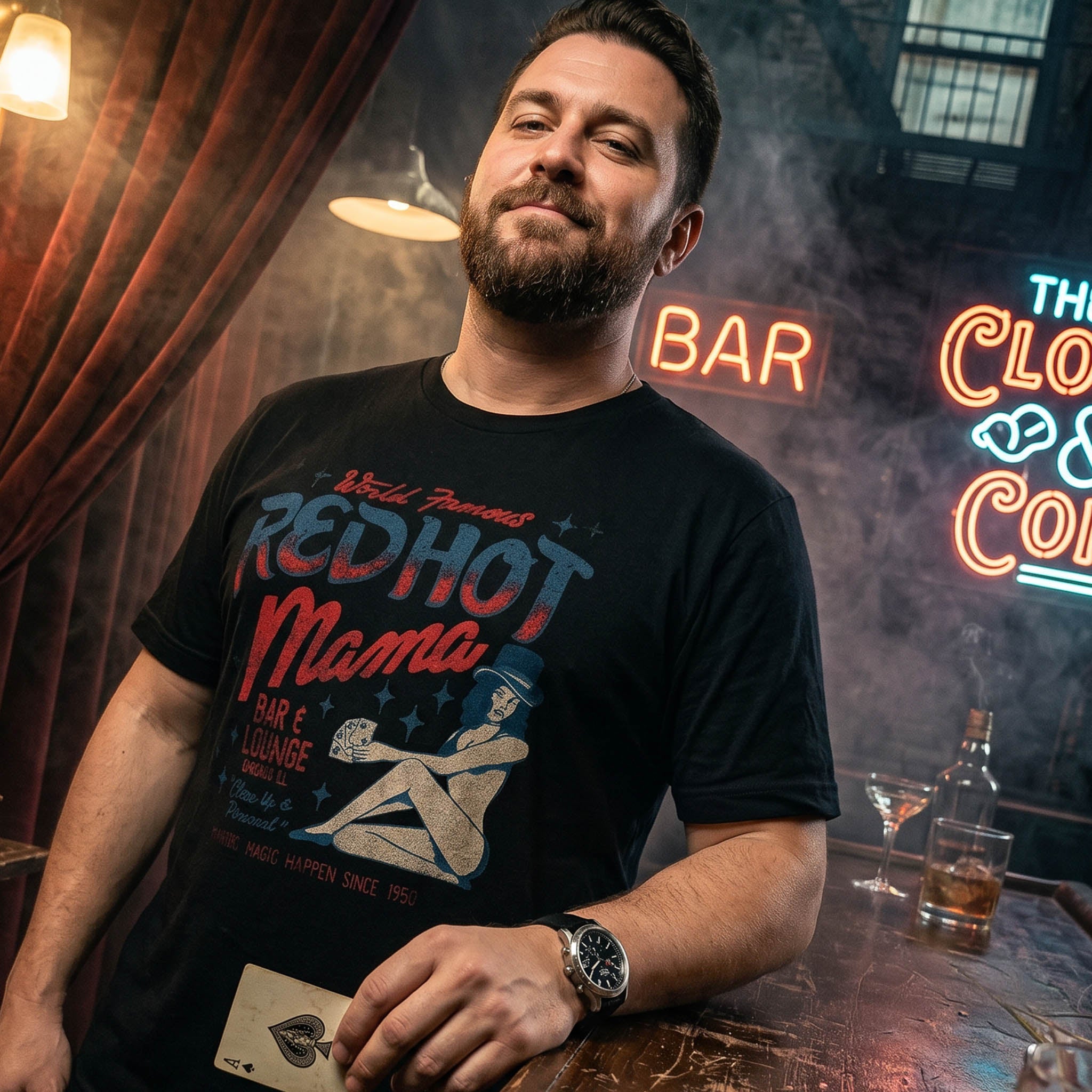 Navy Red Hot Mama t-shirt featuring vintage bar and lounge artwork with playing cards, retro lettering, and a magician illustration