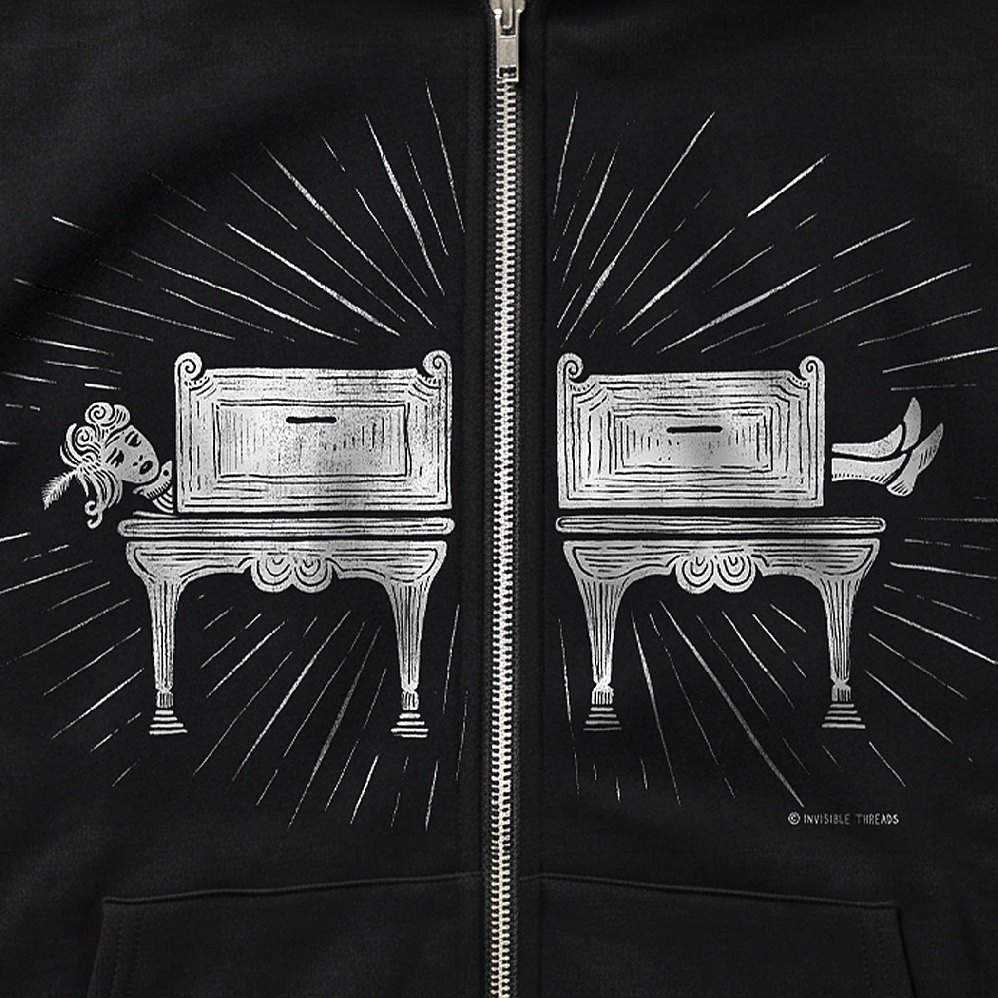 Black Saw Girl Hoodie Vault zip hoodie featuring a screen-printed vintage sawing illusion design split by the zipper