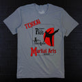 Gray Tenkai Martial Arts Academy t-shirt featuring red and black magician-inspired martial arts parody artwork