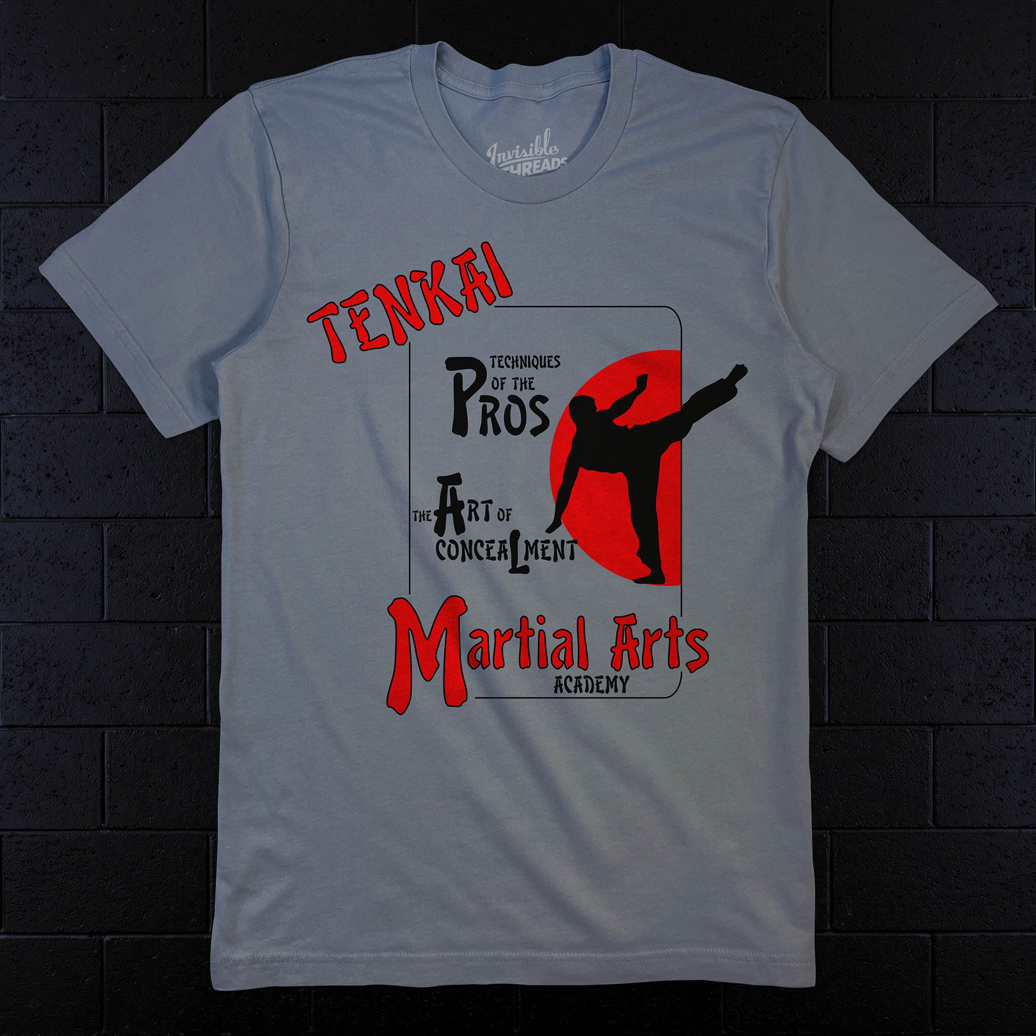 Gray Tenkai Martial Arts Academy t-shirt featuring red and black magician-inspired martial arts parody artwork