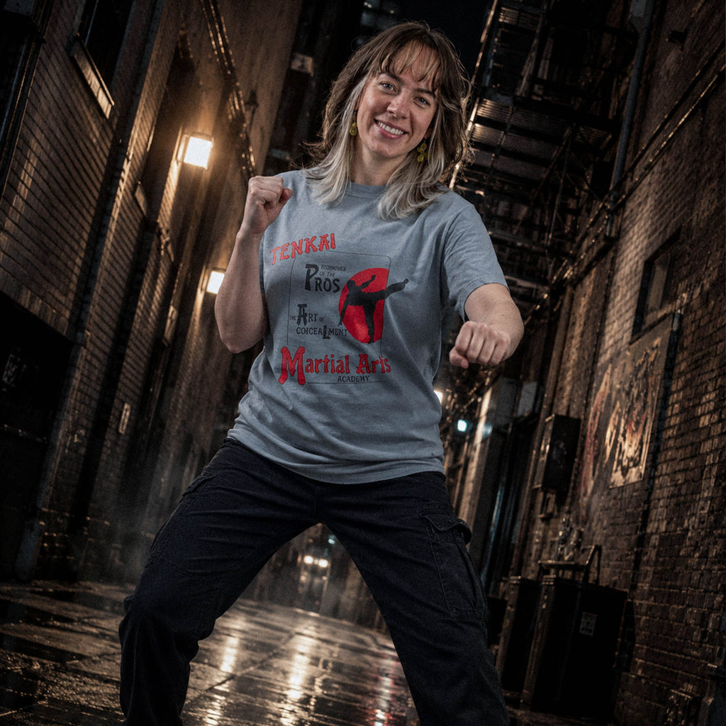 Gray Tenkai Martial Arts Academy t-shirt featuring red and black magician-inspired martial arts parody artwork