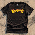 Black Trickster t-shirt featuring skate-inspired flaming yellow orange and red logo lettering