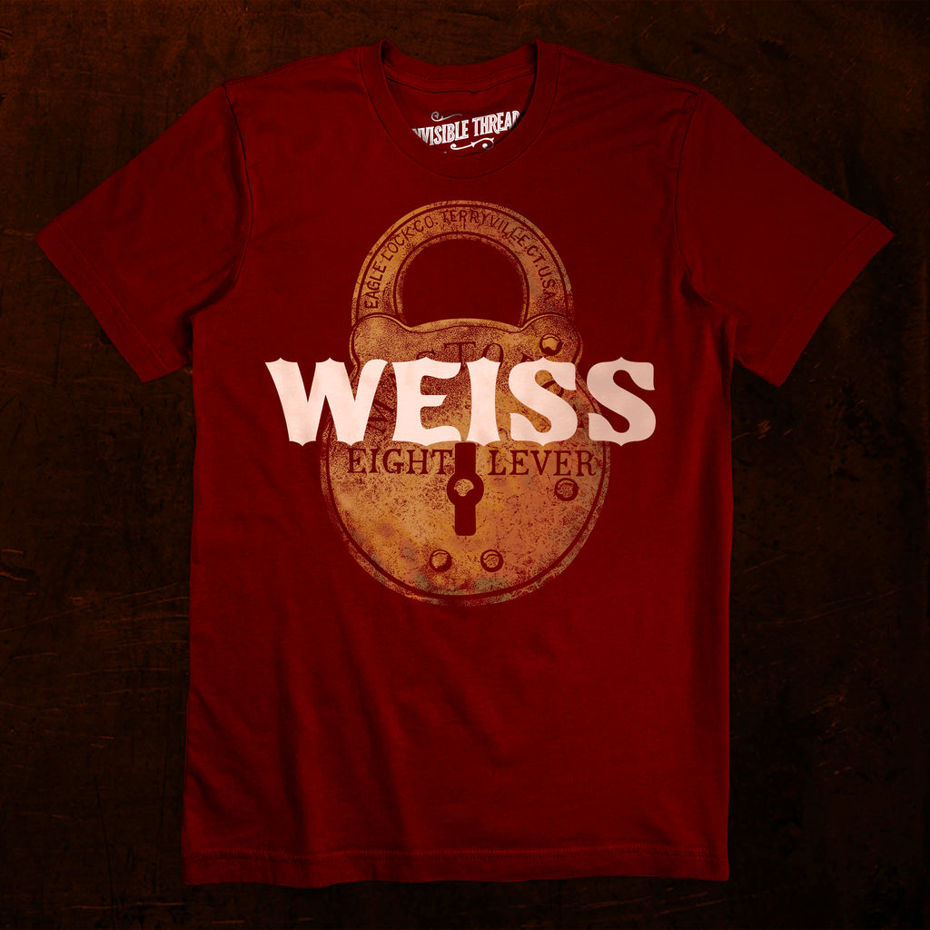 Weiss Escape Lock Red Velvet Vault t-shirt featuring raised WEISS text and a distressed Houdini-inspired vintage lock graphic