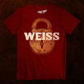 Weiss Escape Lock Red Velvet Vault t-shirt featuring raised WEISS text and a distressed Houdini-inspired vintage lock graphic