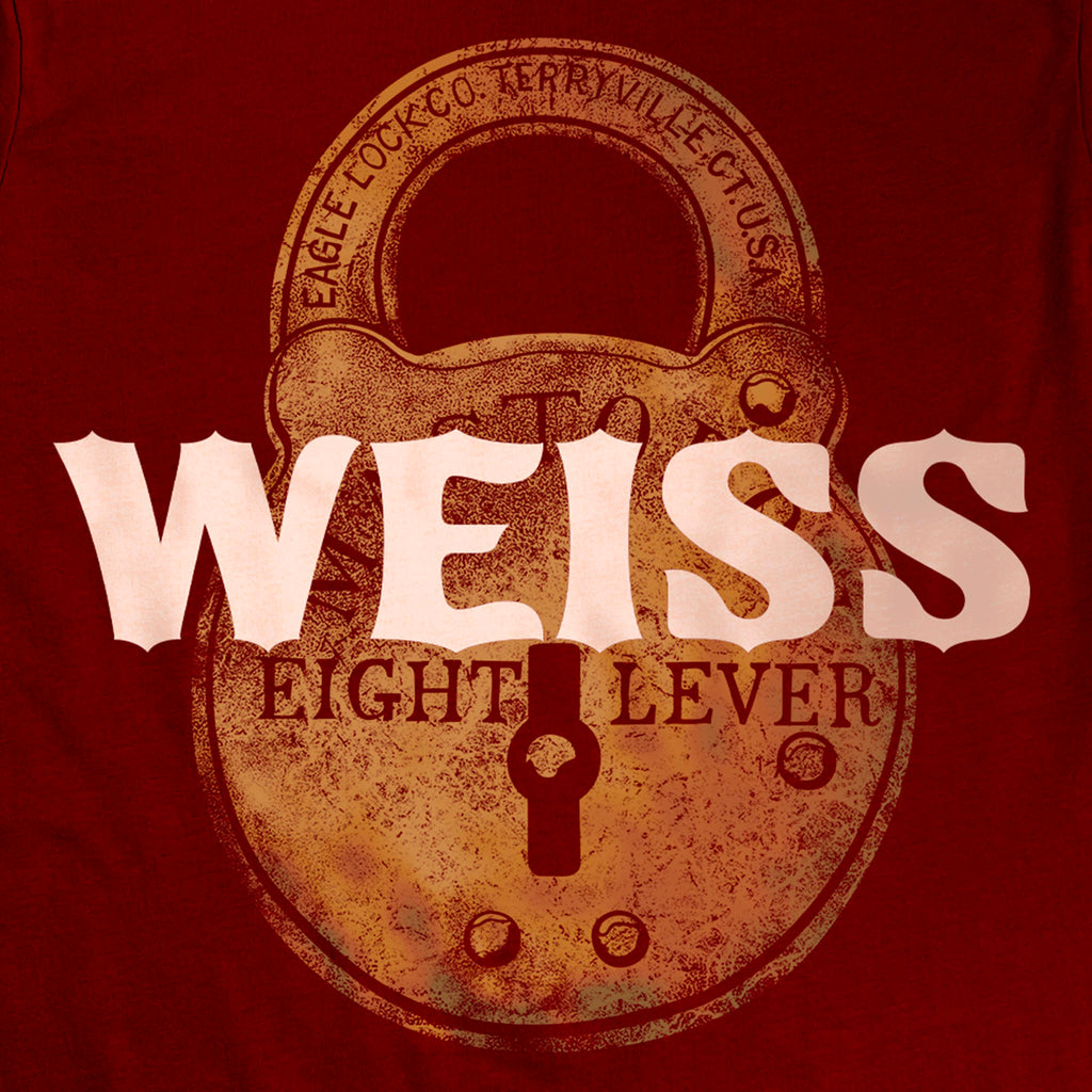 Weiss Escape Lock Red Velvet Vault t-shirt featuring raised WEISS text and a distressed Houdini-inspired vintage lock graphic