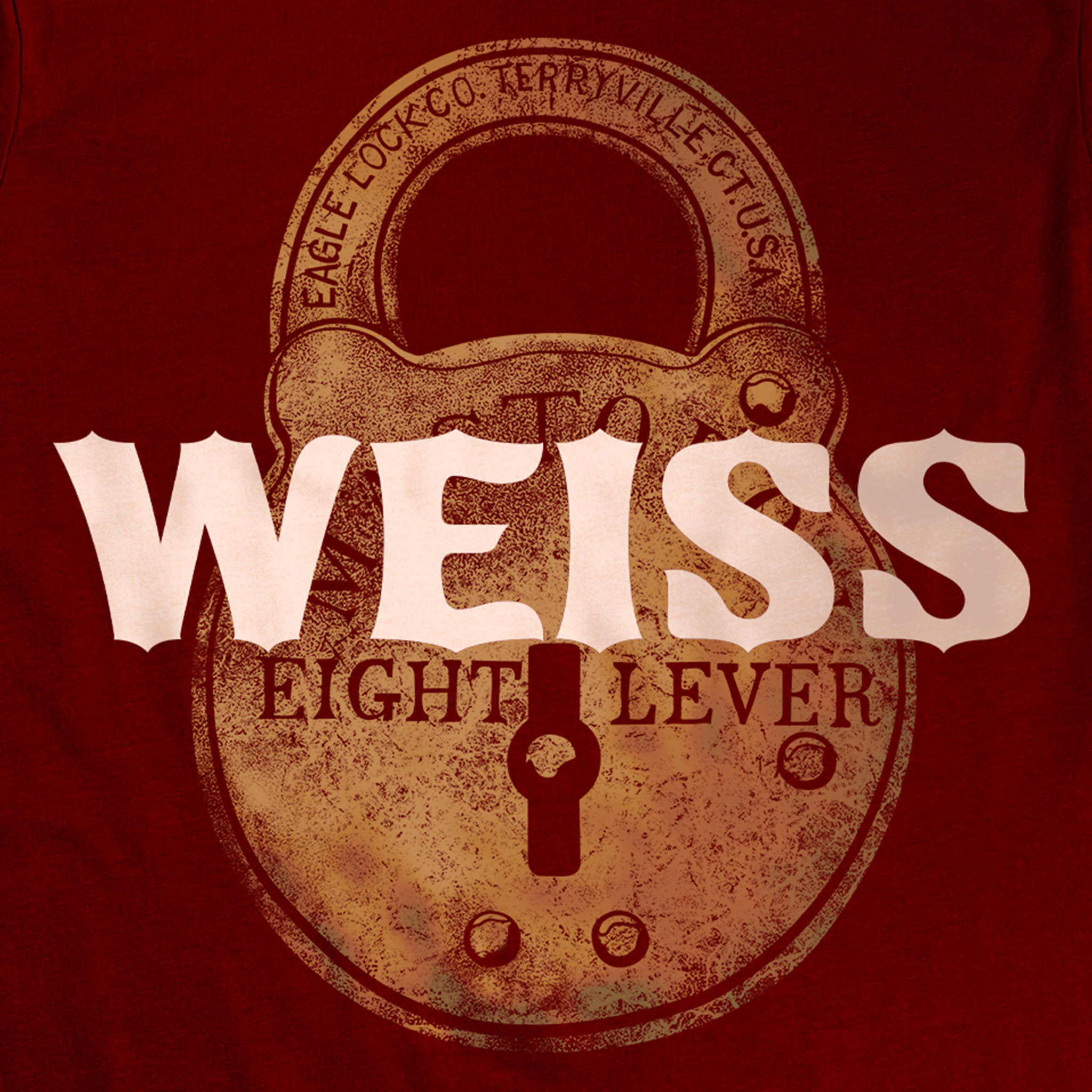 Weiss Escape Lock Red Velvet Vault t-shirt featuring raised WEISS text and a distressed Houdini-inspired vintage lock graphic