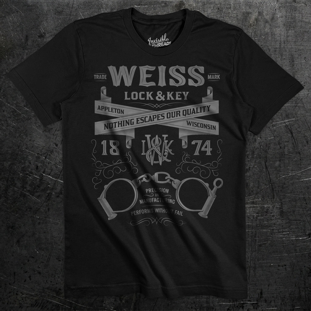 Black Weiss Lock & Key t-shirt featuring vintage gray escape artist artwork with handcuffs and antique lettering
