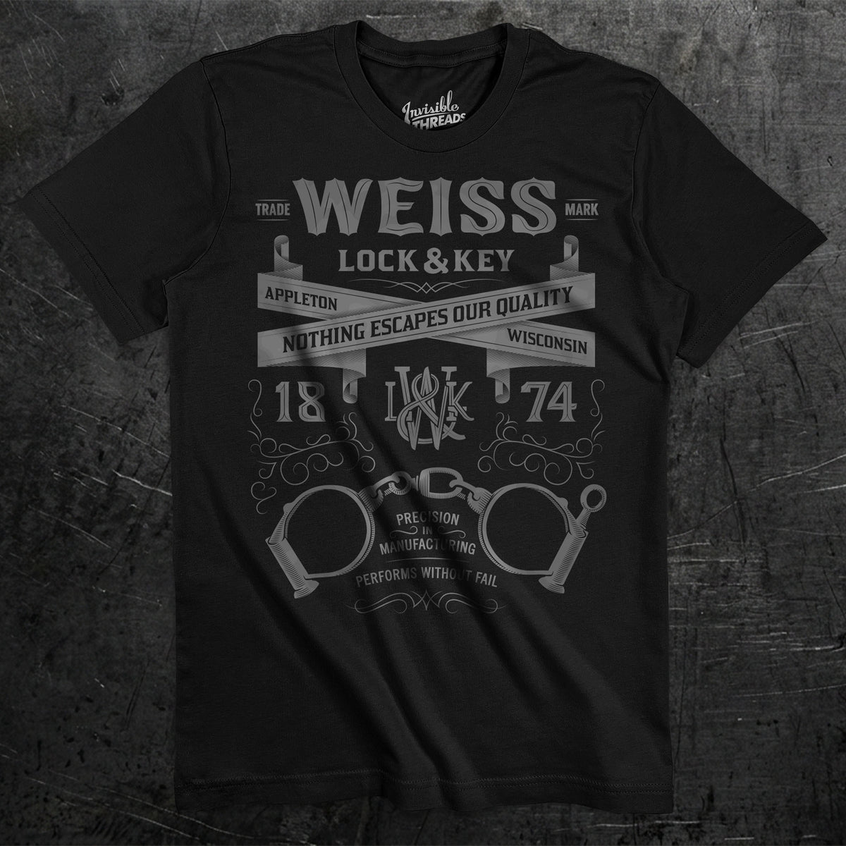 Black Weiss Lock & Key t-shirt featuring vintage gray escape artist artwork with handcuffs and antique lettering