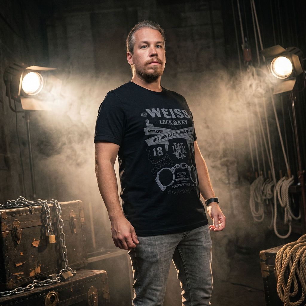 Black Weiss Lock & Key t-shirt featuring vintage gray escape artist artwork with handcuffs and antique lettering