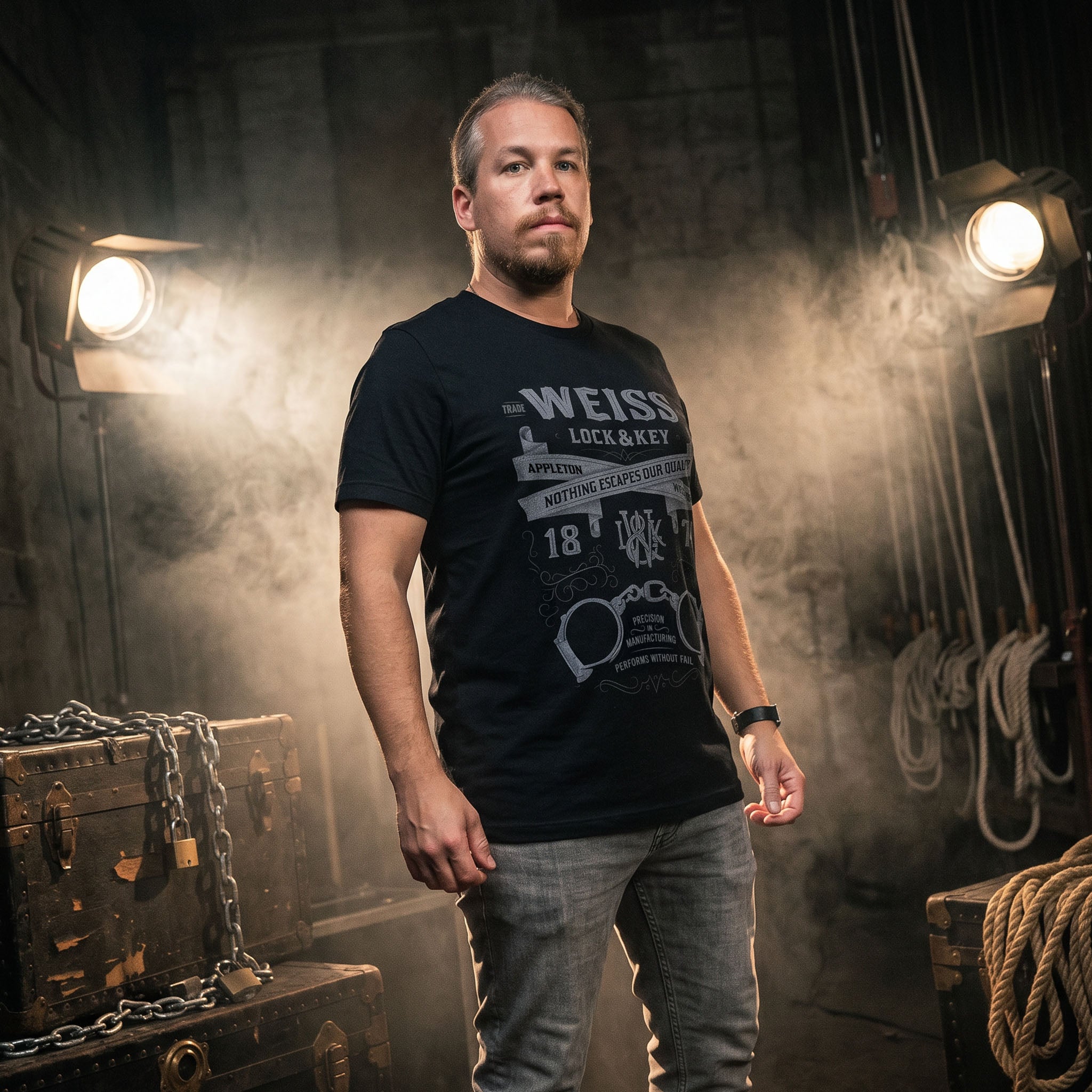 Black Weiss Lock & Key t-shirt featuring vintage gray escape artist artwork with handcuffs and antique lettering